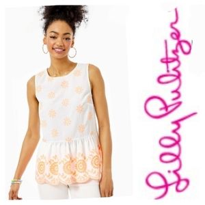 Lilly Pulitzer NEW White Orange Sleeveless Embroidered Peplum Tank Top Medium